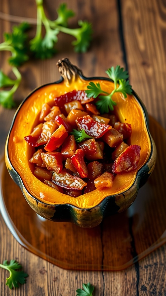 Roasted acorn squash filled with bacon, herbs, and garnished with parsley on a wooden table.